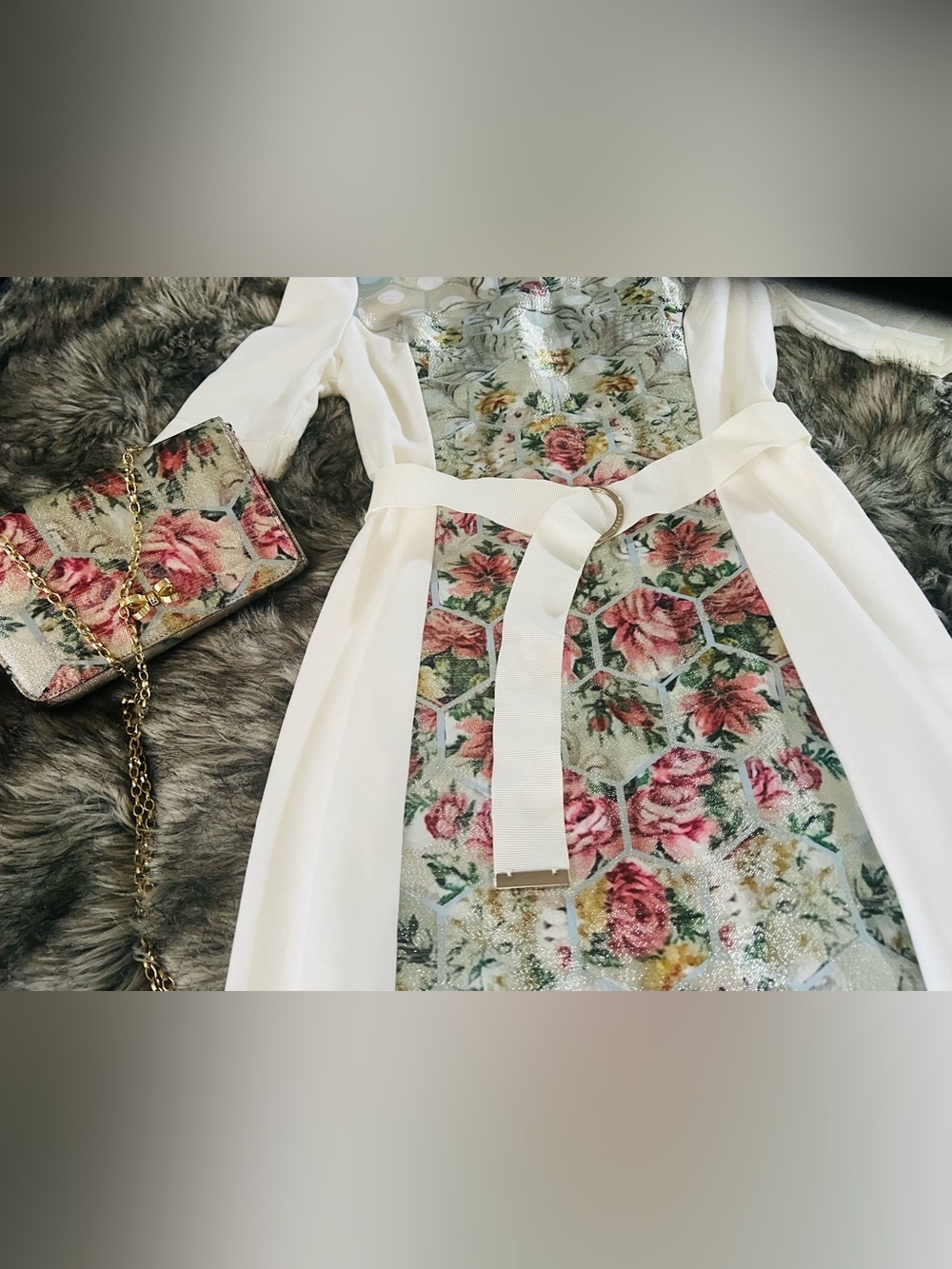 Ted Baker White Dress with Pink Floral Panel and Belt